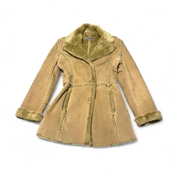 2000s Aldo real leather penny lane long fur trim coat in a tan creamy beige - Picture 6 of 8